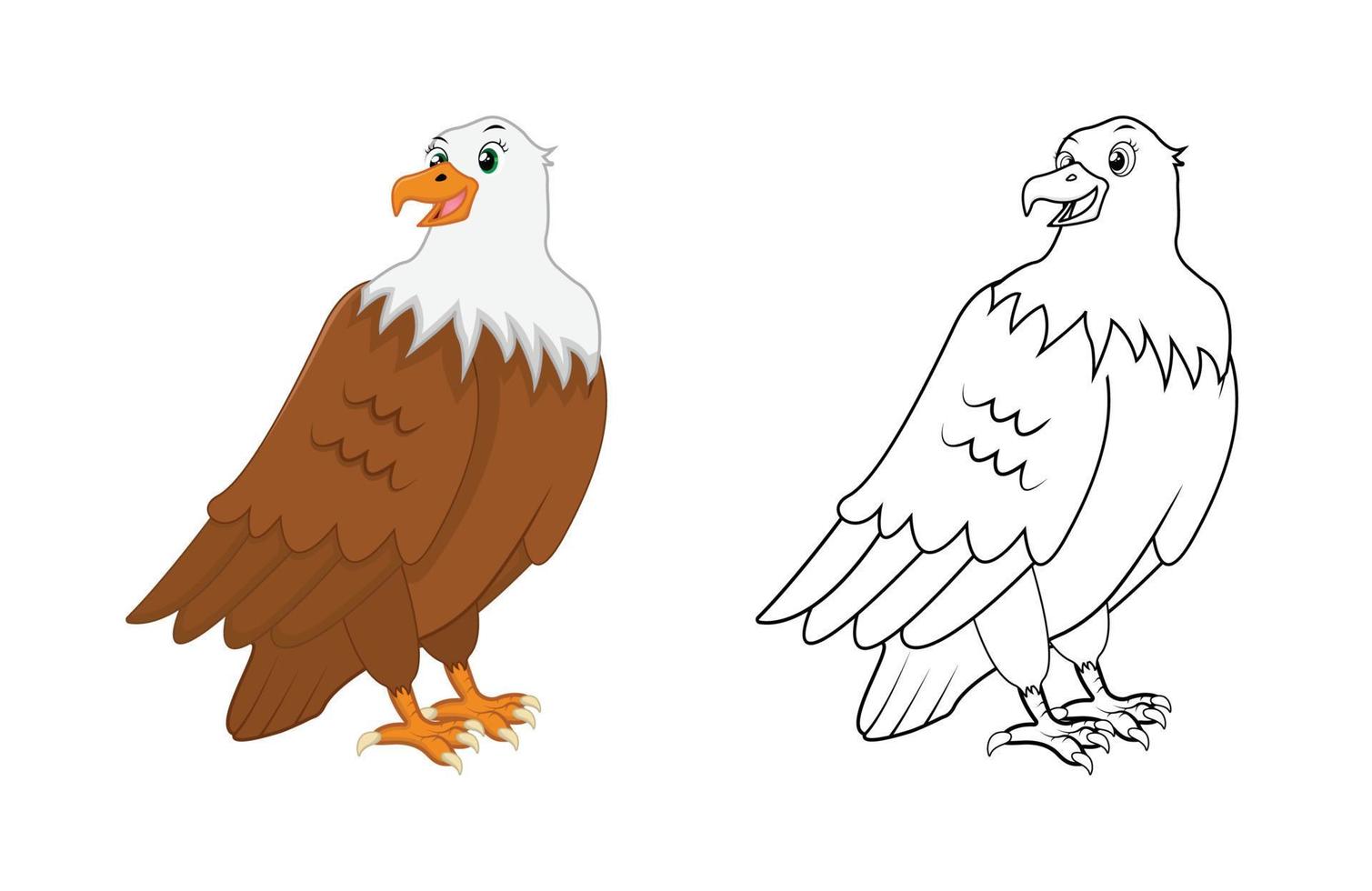 águila feliz de dibujos animados con arte lineal, boceto de águila color menos página aislada sobre fondo blanco. vector