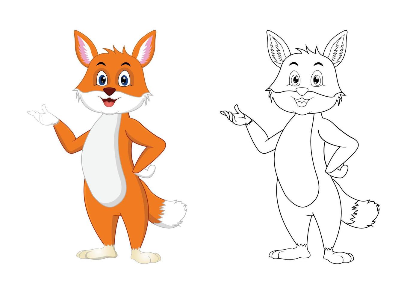 Happy cartoon fox with line art, fox sketch color less page isolated on white background. vector