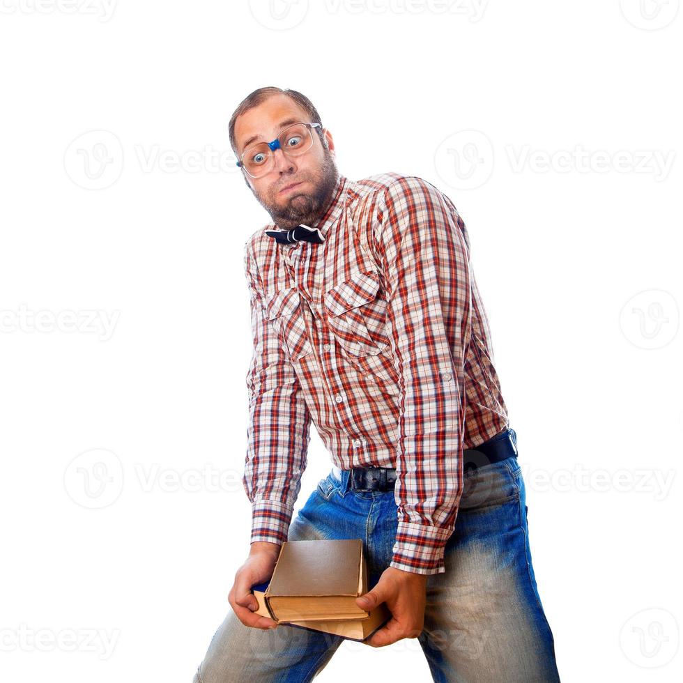 bearded man nerd is trying to raise knowledge of heavy books photo