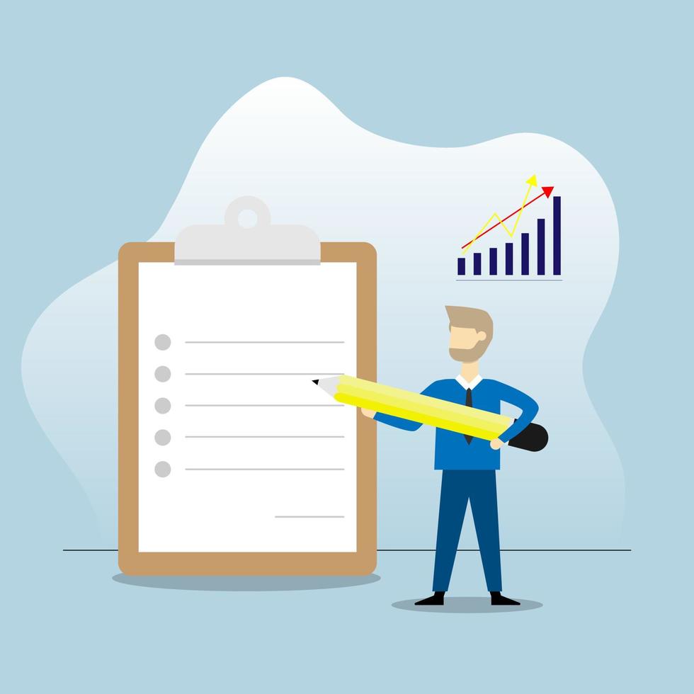 Vector leader man hold pencil point at document board about check list business concept illustration