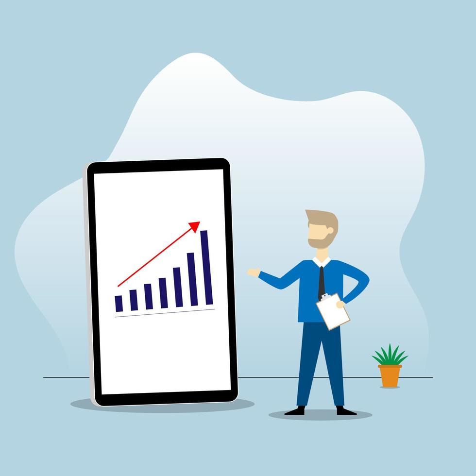 el hombre líder del vector muestra el gráfico de crecimiento en el concepto de negocio de pantalla móvil