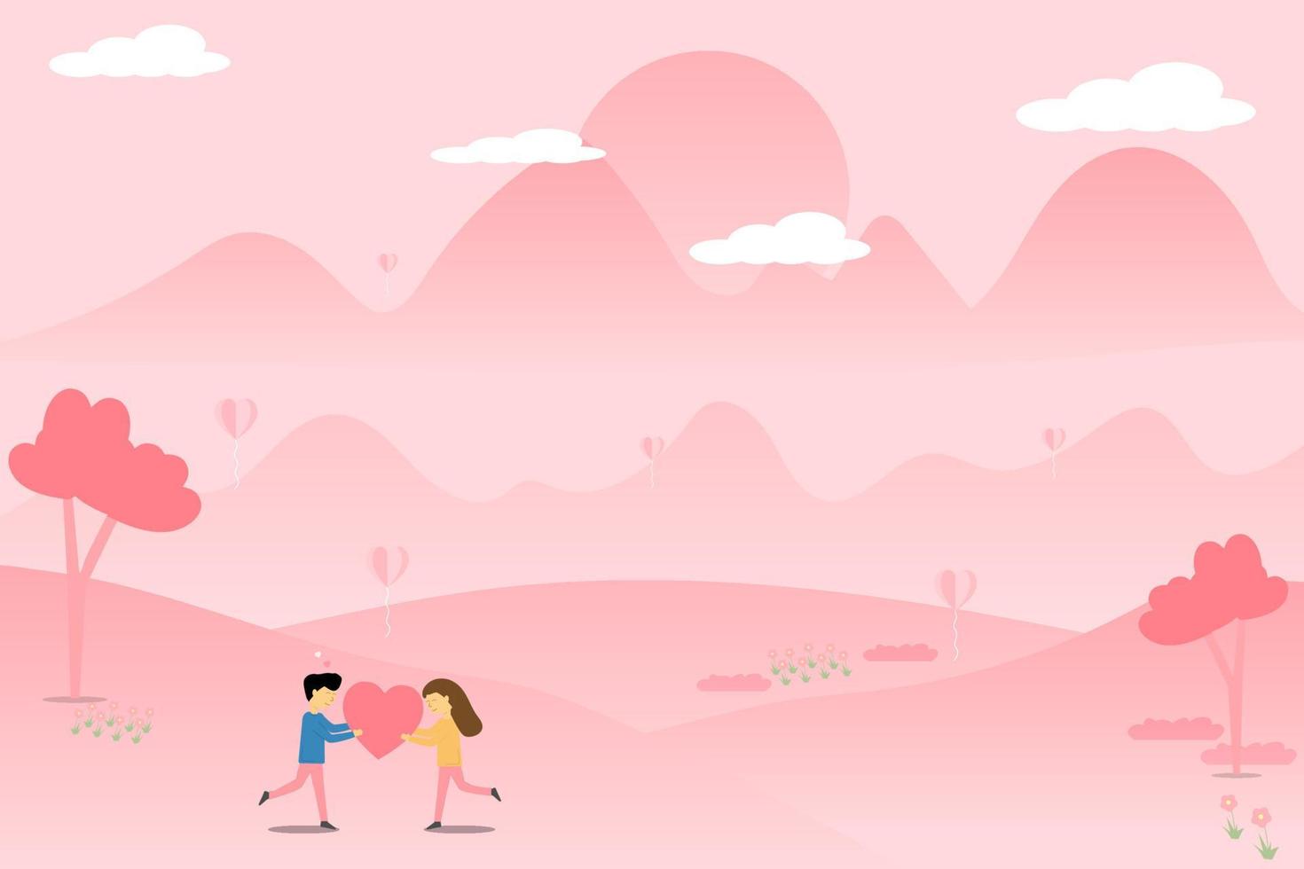 ilustración vectorial globo corazón con el amante rosa montaña y flor fondo paisaje san valentín cocnept vector