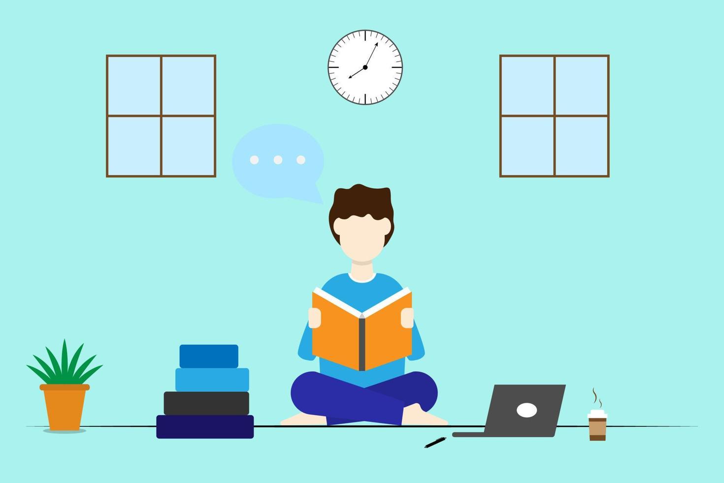 Vector flat character man sitting reading book in living room,Student reading book for education illustration