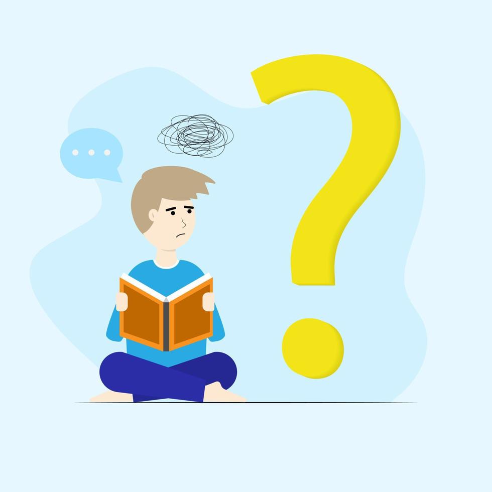 Vector flat character man sitting reading book feels confused looking at question mark,Man doubt with education concept