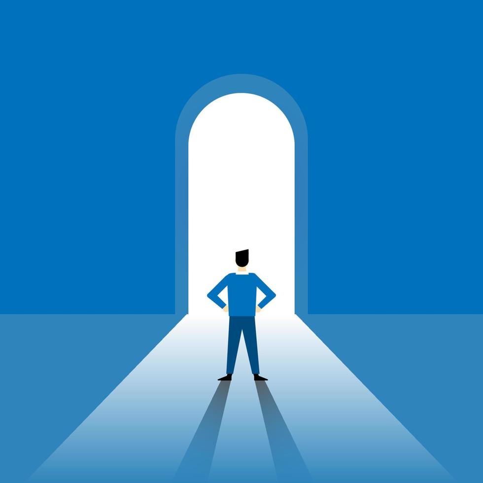 Vector leader businessman standing front of light gate journey of work choice concept