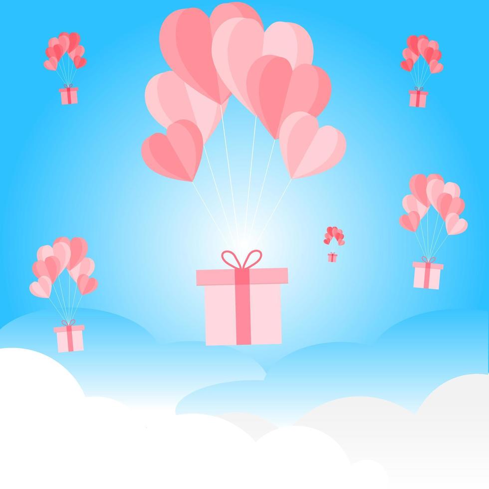 Free vector balloon heart on sky with cloud lover pink background