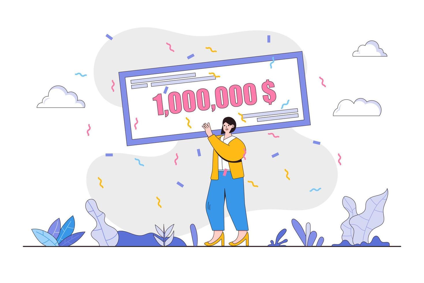 Flat happy girl winning money prize concept. Outline design style minimal vector illustration for landing page, web banner, infographics, hero images