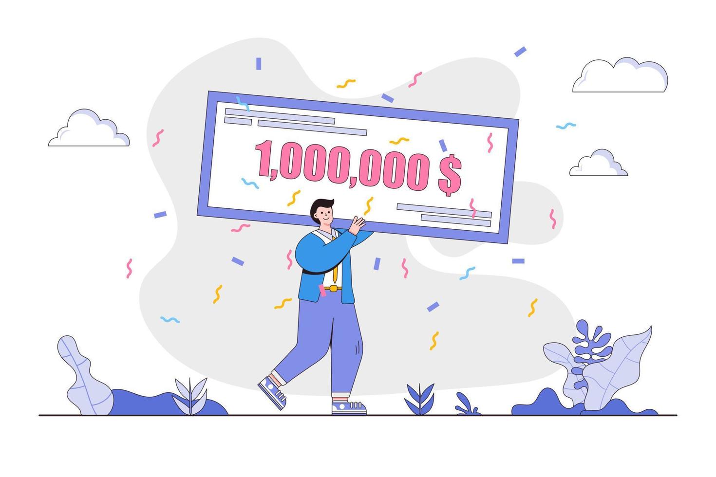 Flat happy guy winning money prize concept. Outline design style minimal vector illustration for landing page, web banner, infographics, hero images