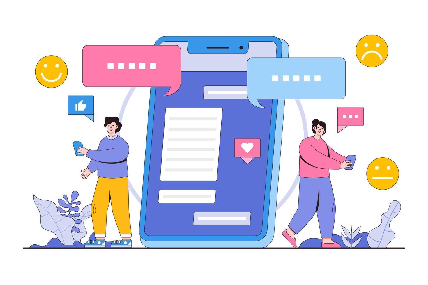 Dating app concept with smartphone and people characters concept. Outline design style minimal vector illustration for landing page, web banner, infographics, hero images