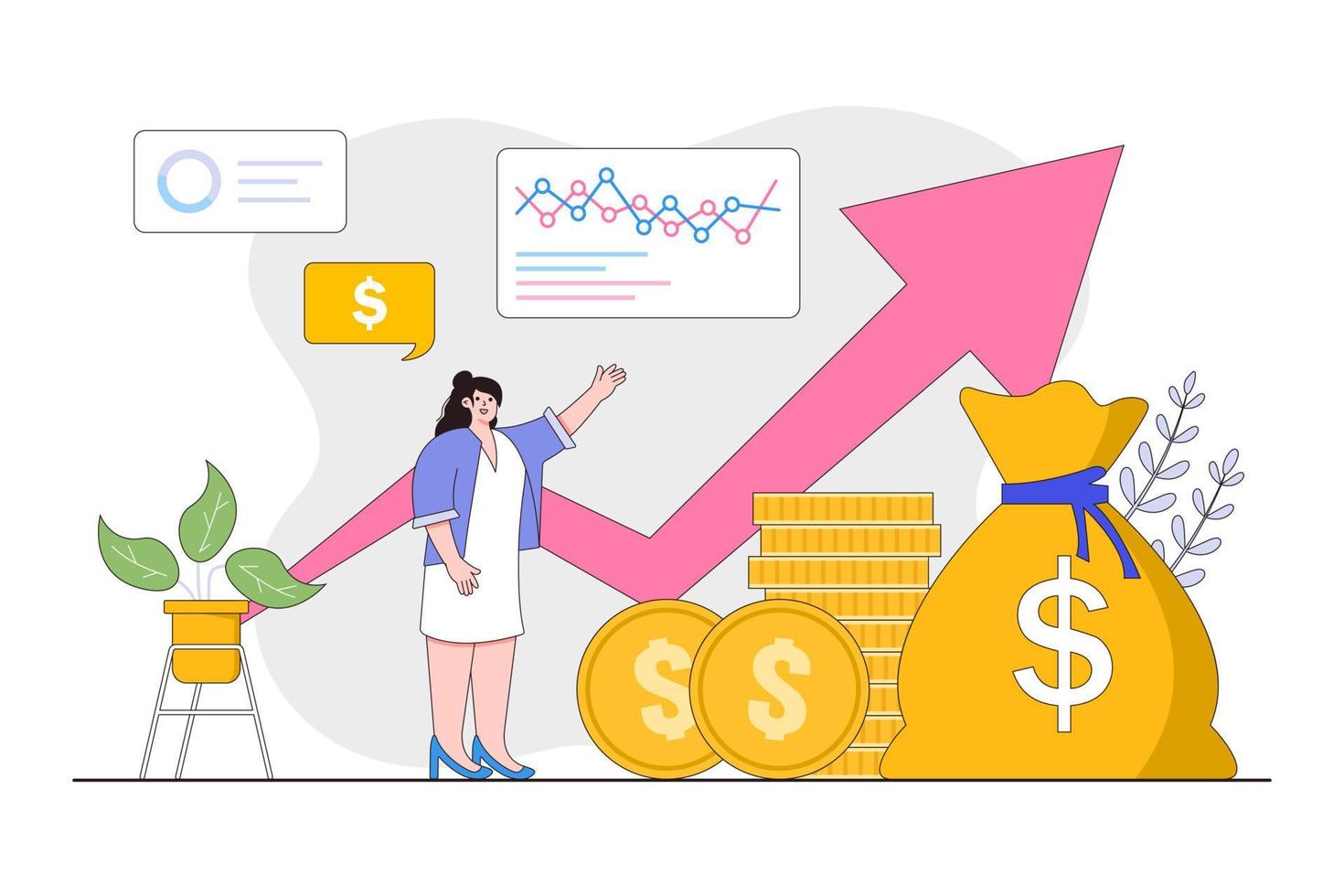 Successful entrepreneur or investor presenting stack of money and growth diagram concept. Outline design style minimal vector illustration for landing page, web banner, infographics, hero images