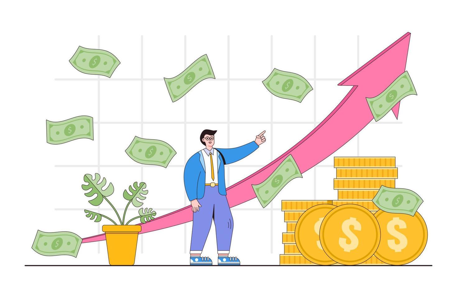 Successful entrepreneur or investor presenting stack of money and growth diagram concept. Outline design style minimal vector illustration for landing page, web banner, infographics, hero images