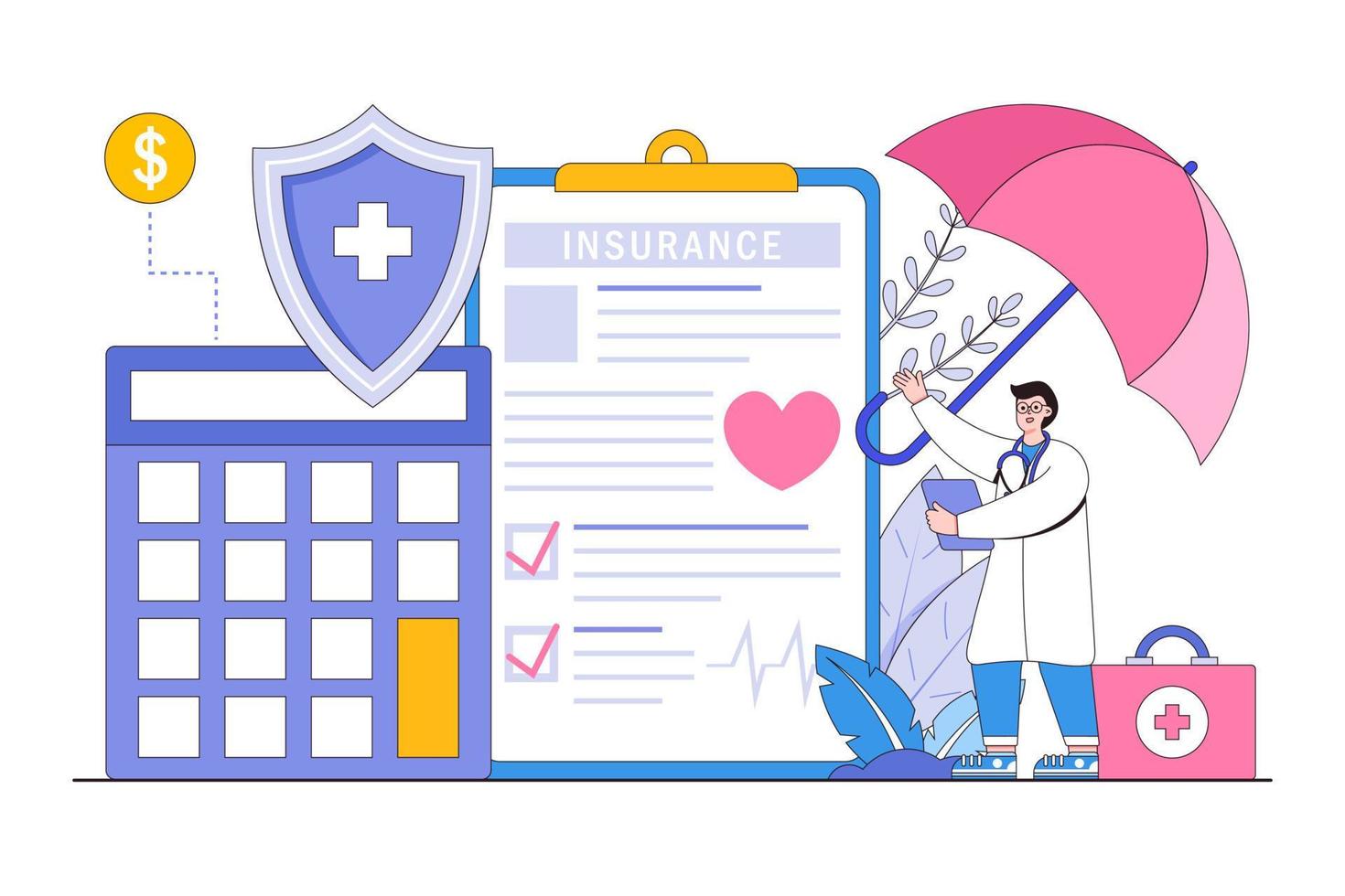 Flat doctor characters stand near health insurance contract concept. Outline design style minimal vector illustration for landing page, web banner, infographics, hero images