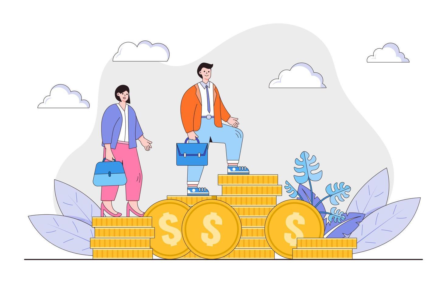 Flat man and woman standing on different stacks of gold coins concept. Outline design style minimal vector illustration for landing page, web banner, infographics, hero images