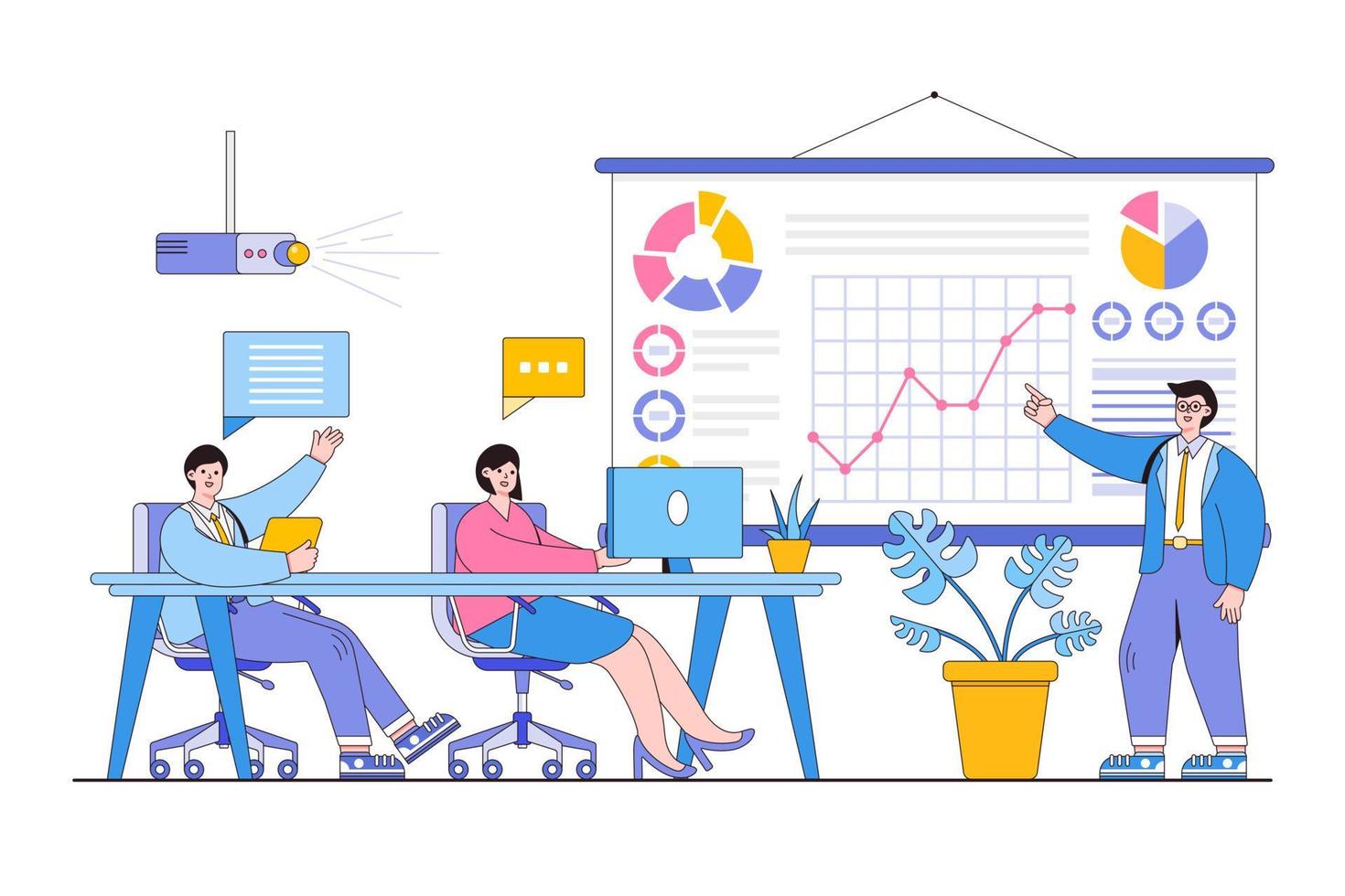 Flat male coach explaining statistics, graph, company, analysis to her partners concept. Outline design style minimal vector illustration for landing page, web banner, infographics, hero images