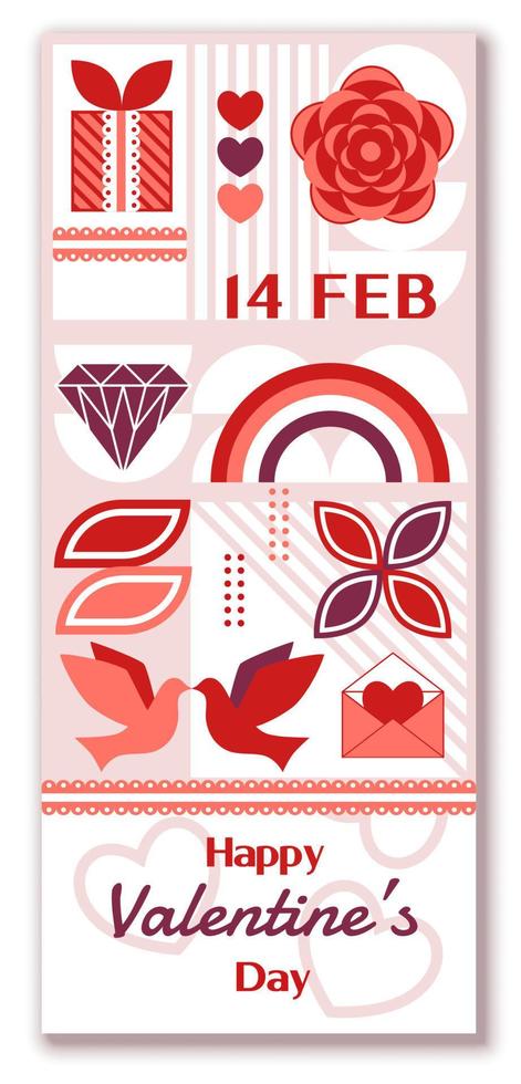 Happy Valentine's Day vertical banner. Vector design for corporate greeting cards, love creative concept, gift voucher, invitation. Heart, present, rose, rainbow, gemstone, dove, copy space.