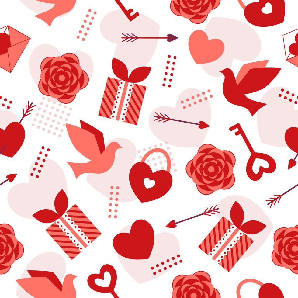Valentines day seamless background with romantic symbols, dove, heart, rose, love arrow, padlock, love key, dots. Vector pattern for decoration of wedding, engagement event, Valentines Day