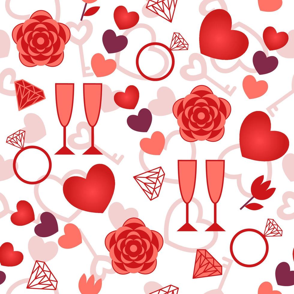 Seamless pattern with symbols of Valentines day such as heart, rose, diamond, champagne glass, engagement ring, love key. vector