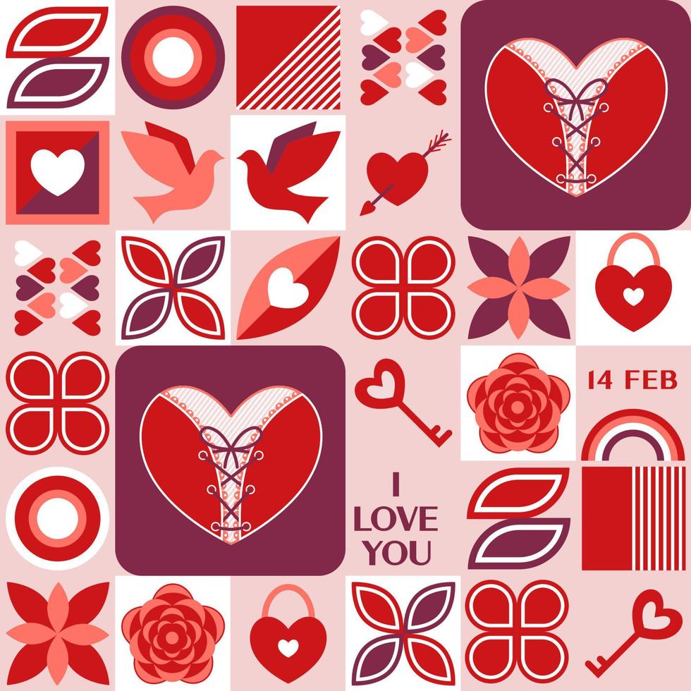 Valentines day seamless background with romantic symbols, abstract geometric shapes. Vector pattern for social media, website, posters, coupons, promotional prints.