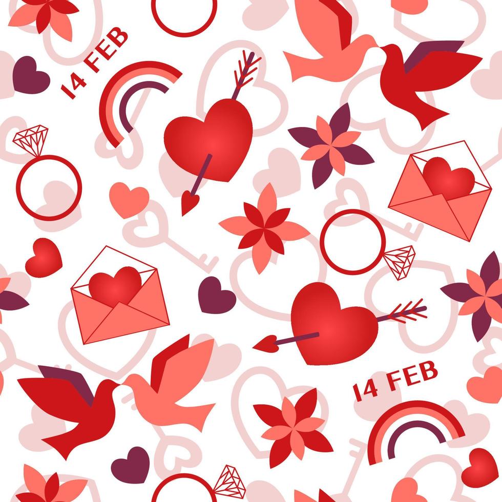 Seamless pattern with symbols of Valentines day, such as heart, flower, dove, heart with cupid arrow, engagement ring, valentine card, rainbow. vector