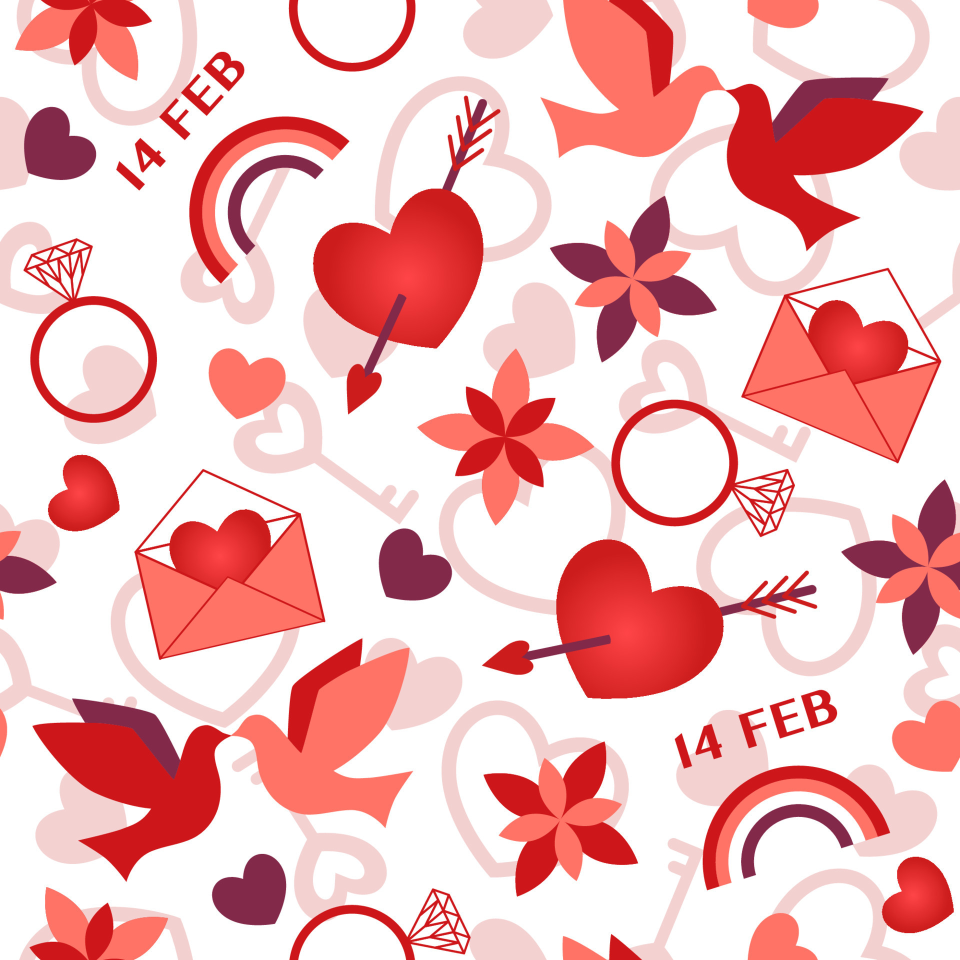 Seamless pattern with symbols of Valentines day, such as heart, flower