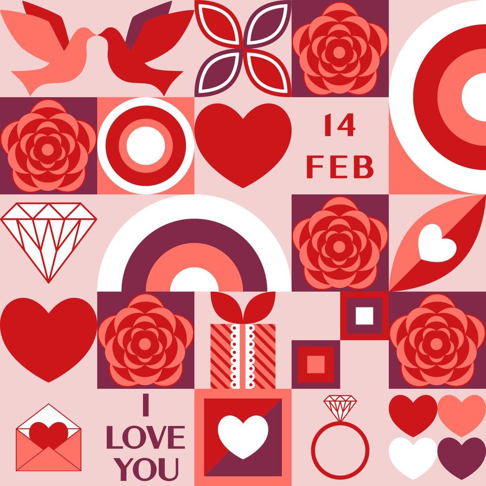 Fondo transparente del día de San Valentín con paloma, rosa, arco iris, diamante, corazón, presente, anillo, formas geométricas abstractas. patrón vectorial para redes sociales, sitios web, afiches, cupones, impresiones promocionales. vector