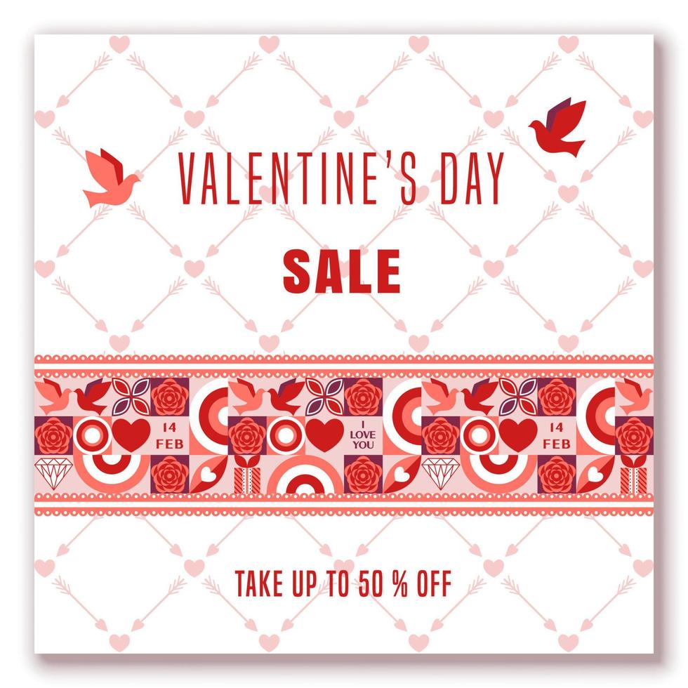 Sales banner for Valentines day with horizontal geometric composition, place for text. Such symbols of Valentines day as heart, rose, dove are used. Grid with cupid arrows, small hearts on background vector