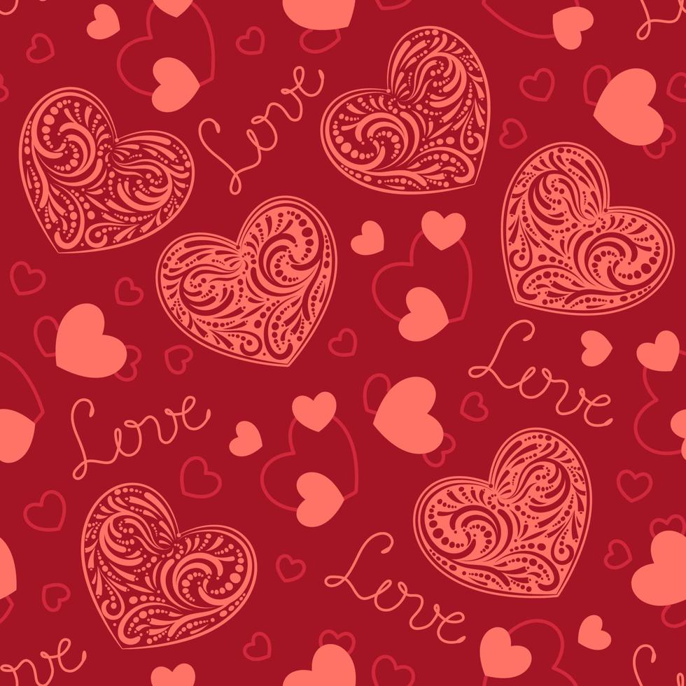 Red background with coral lacy hearts and silhouettes of small hearts. Seamless pattern. Decoration for Valentines day, romantic love theme. Good for wrapping, textile, print, wedding decor vector
