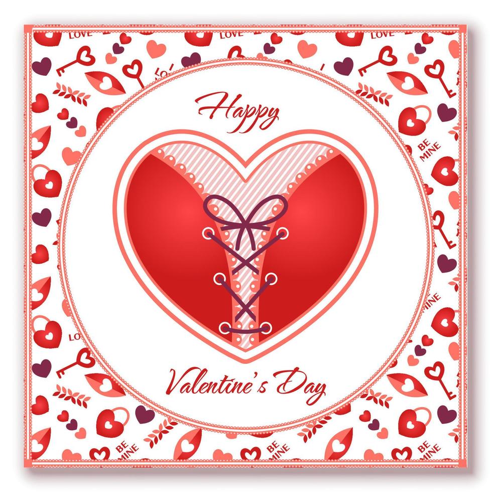 Valentines card with round frame consisting heart stylized like a woman red corset with lacing. Such symbols as heart, love key, heart shaped padlock are used. vector