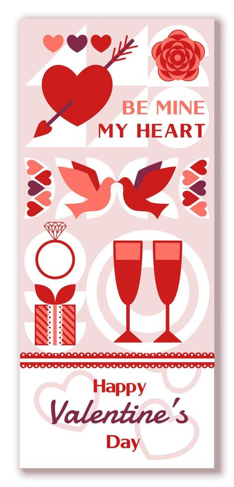 Banner for Valentines day with vertical composition and place for text. Such symbols of Valentines day as heart, rose, dove, cupid arrow, engagement ring, present, champagne glasses are used. vector