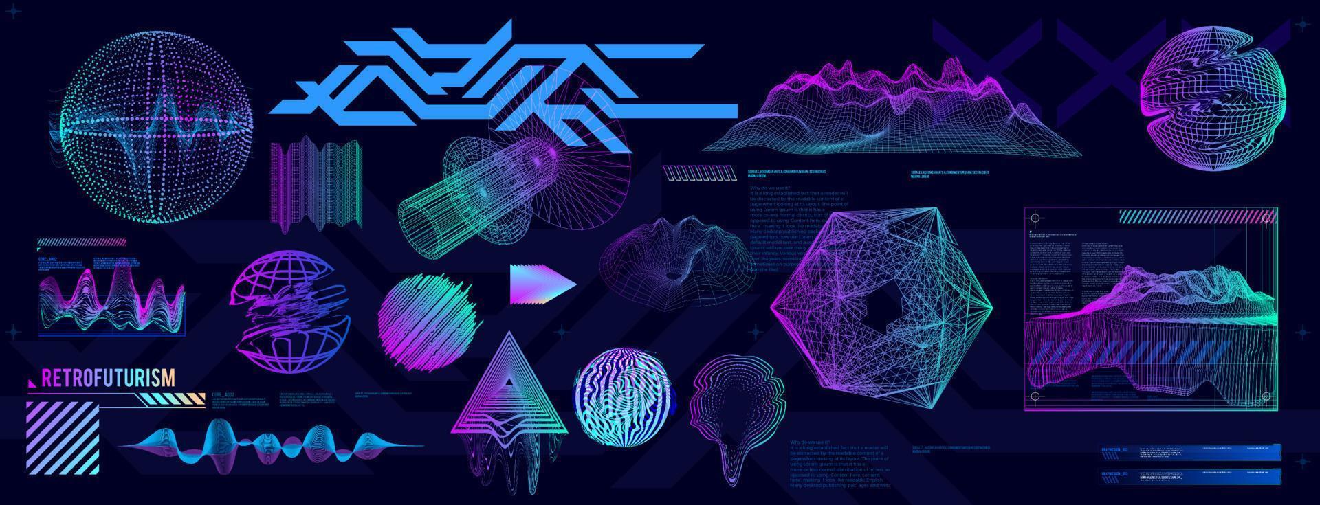 Holographic Retro futuristic 80s 90s style Cyberpunk concept  Shapes design elements retro vibe vector