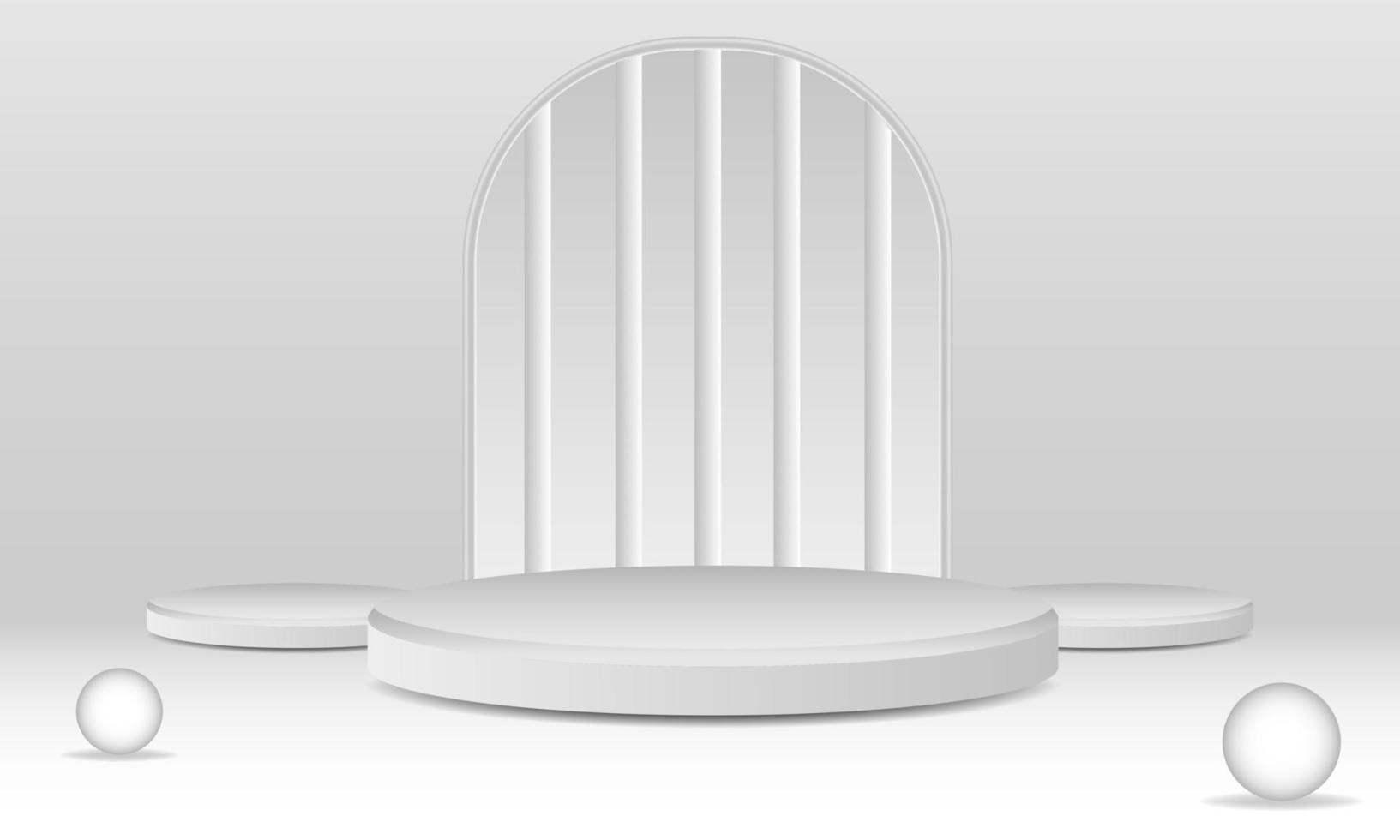 pedestal podium mockup. Abstract white 3D vector room with realistic white cylinder pedestal podium set. Minimal scene for product display presentation. Vector geometric platform. Stage for showcase.