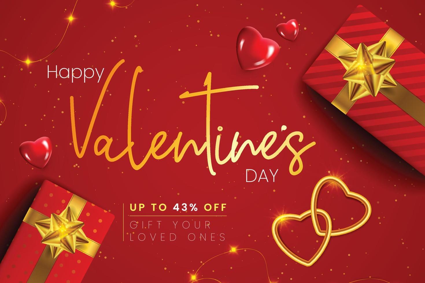 banner de venta de feliz día de san valentín con cajas de regalo decoradas, corazones 3d, corazones dorados enlazados. vector