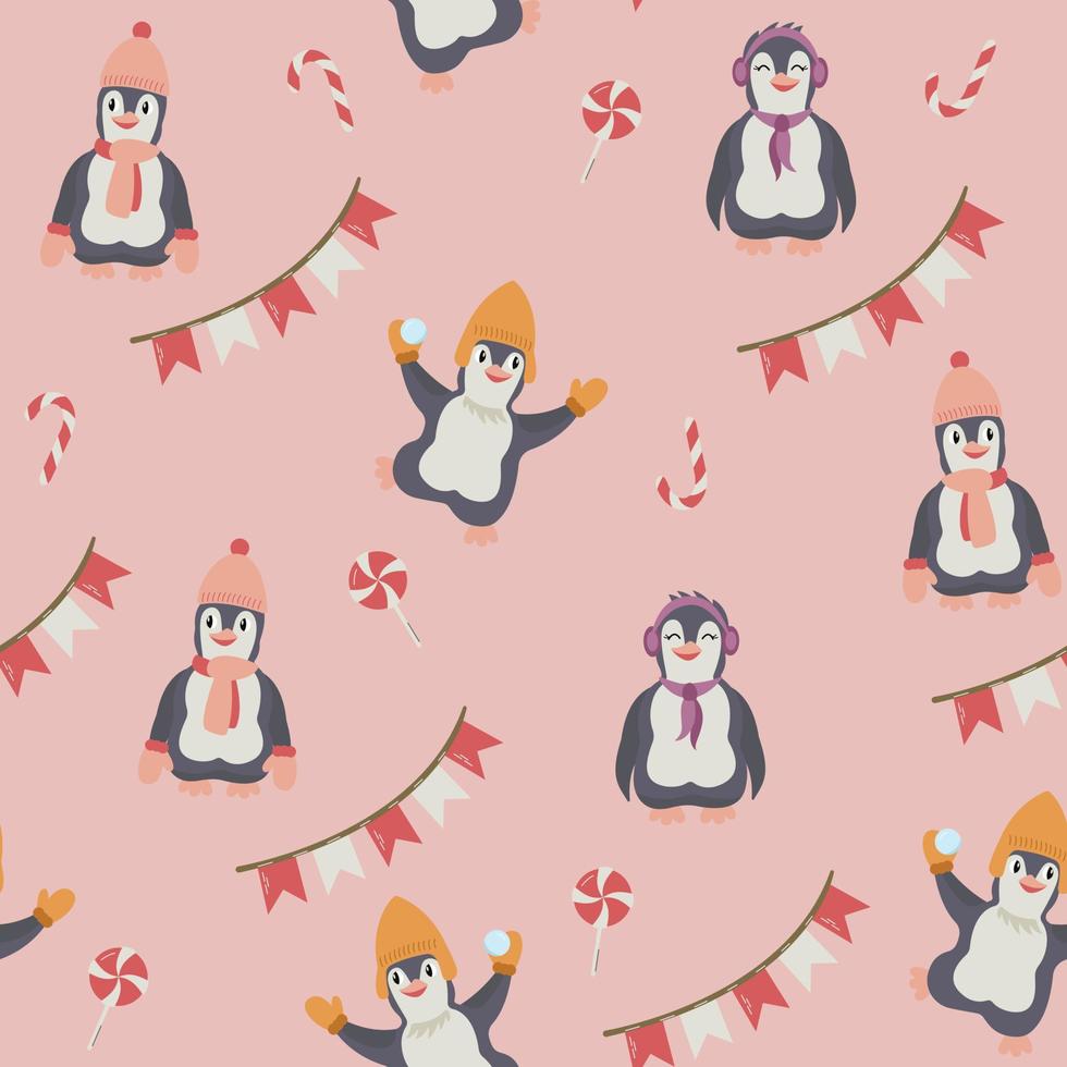 Cute cartoon funny penguins with warm clothes and lollipops waiting for holidays. Winter vector illustration for children print on pink background.