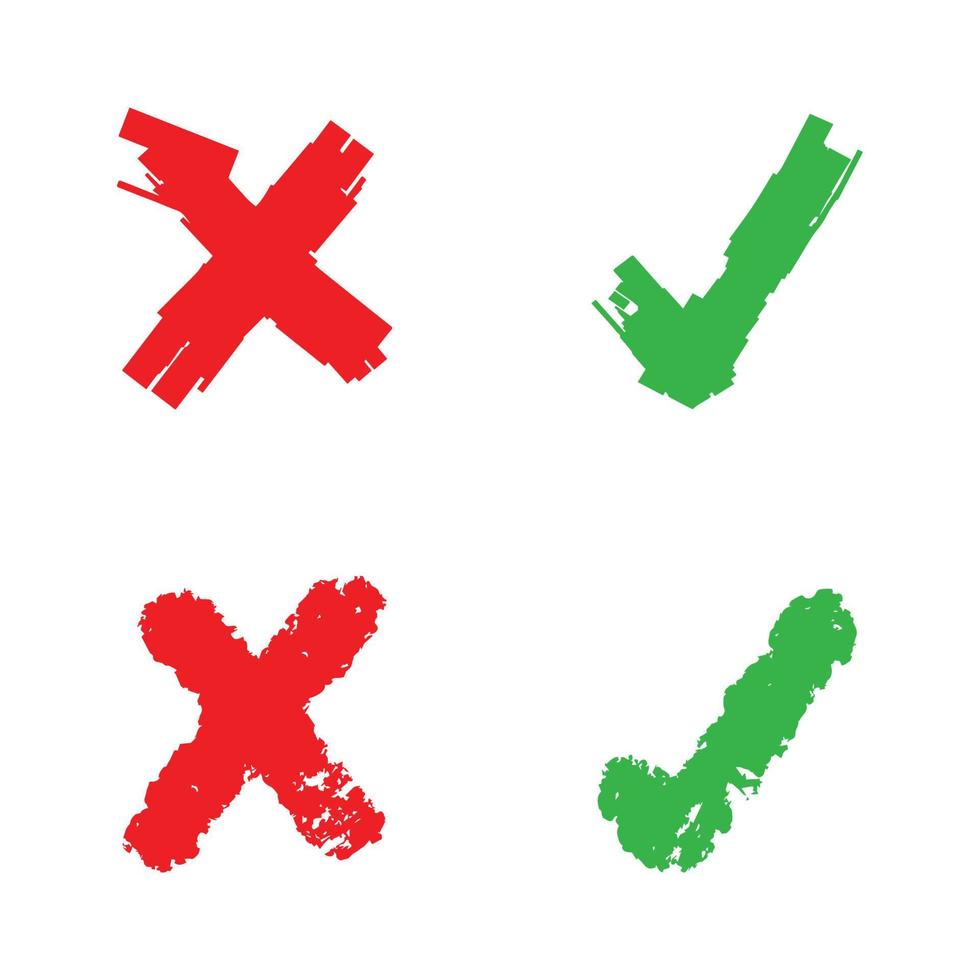 conjunto de marca de verificación verde e icono de pincel dibujado a mano con cruz roja. vector