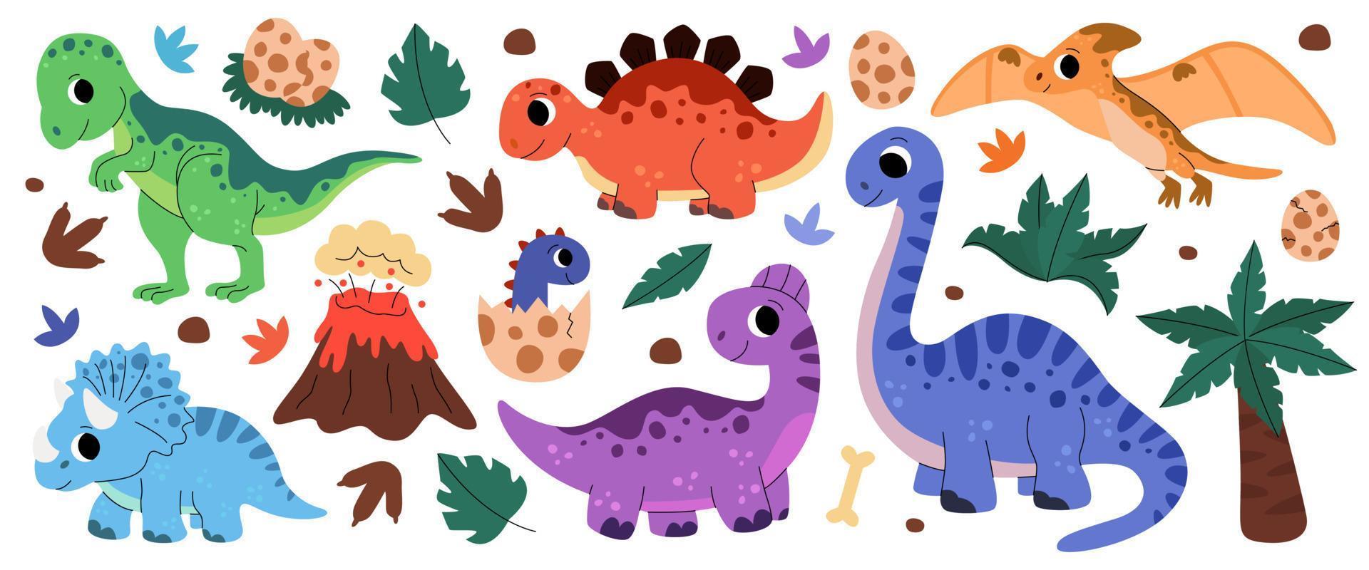 Set of cute baby jurassic dinosaurs, egg, leaf, volcano. Childish prehistoric dino paleontology. Brontosaurus, velociraptor, triceratops, tirex, tyrannosaurus, pterodactylus. vector
