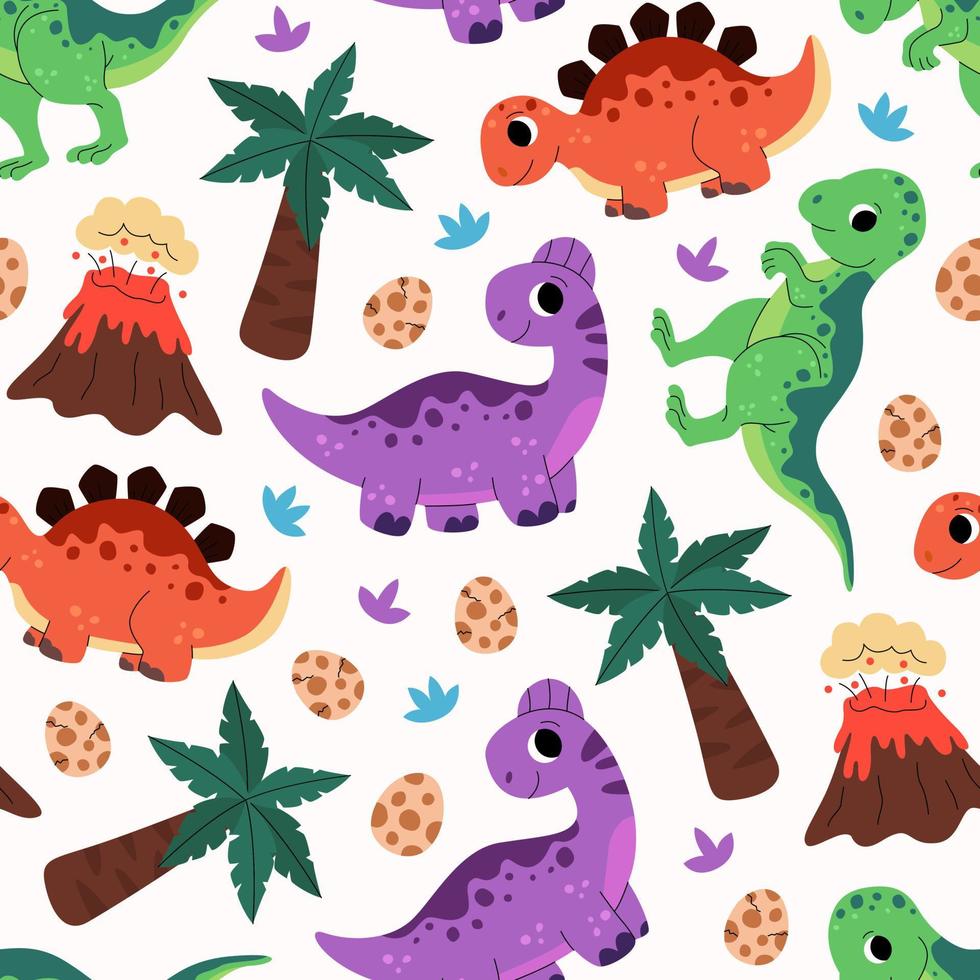 Pattern of cute baby jurassic dinosaurs, egg, palm, leaf, volcano. Childish prehistoric dino paleontology. Brontosaurus, velociraptor, triceratops, tirex, tyrannosaurus, pterodactylus. vector