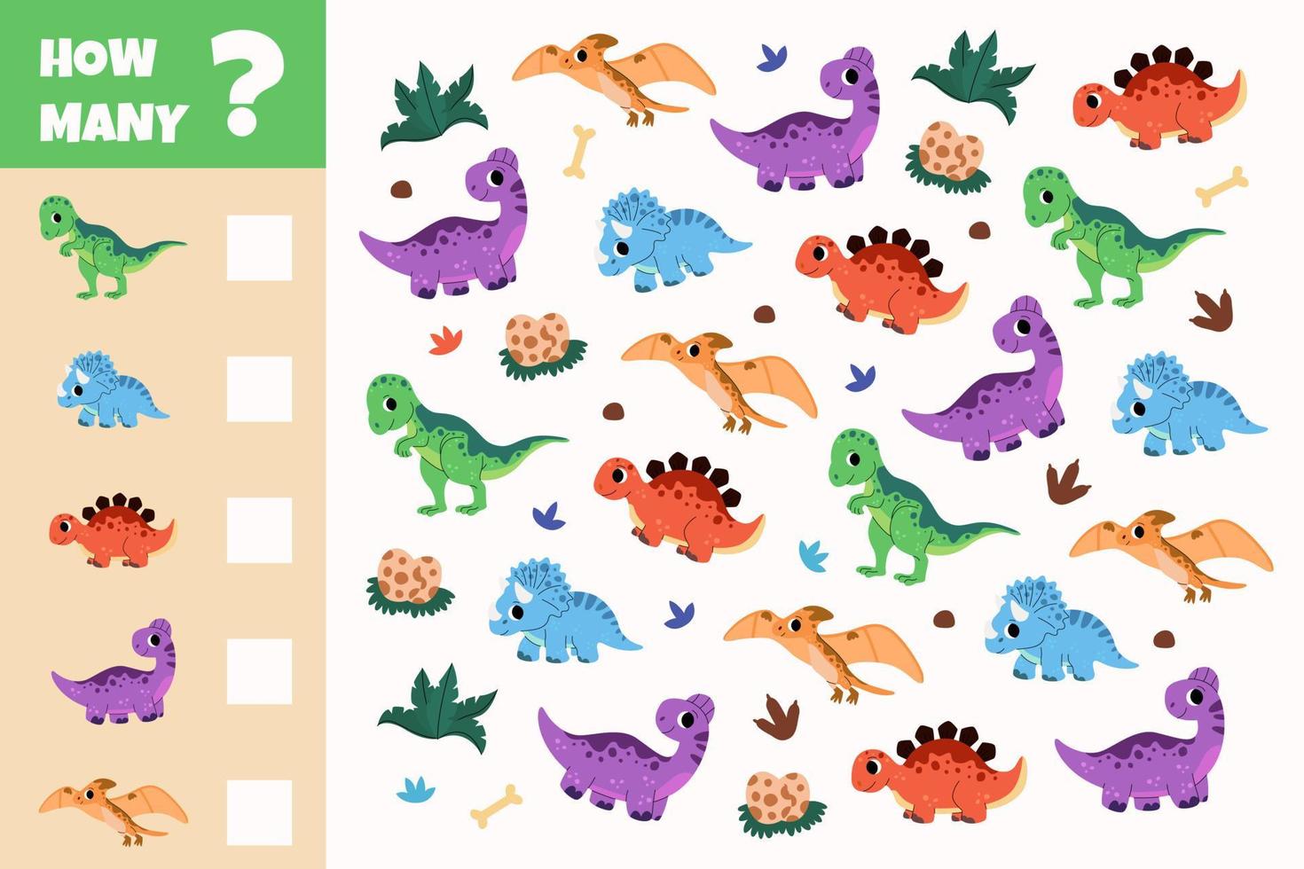 Count how many dinosaurs and write the result for Preschool Children. Education mathematical counting game. Count the number of animals. Mini math worksheet for kindergarten kids. vector