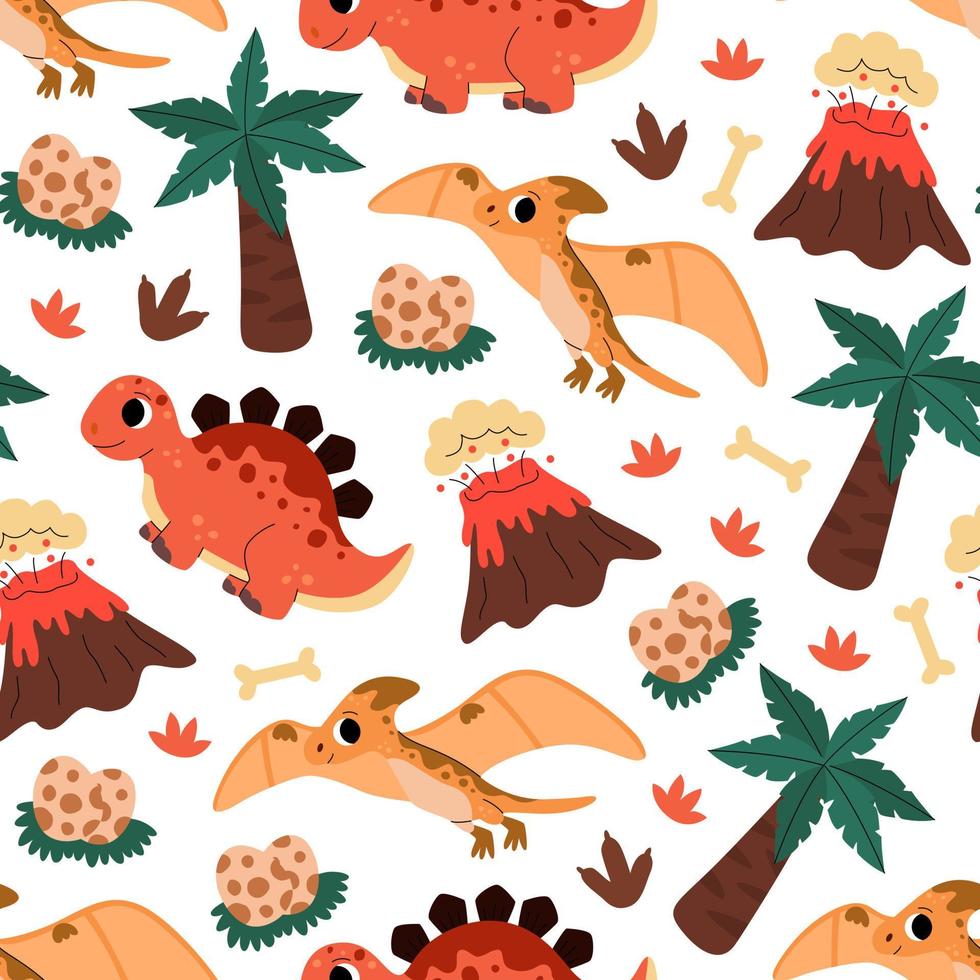 Pattern of cute baby jurassic dinosaurs, egg, palm, volcano, grass for kids. Childish prehistoric dino paleontology. Pterodactyl, stegosaurus. vector