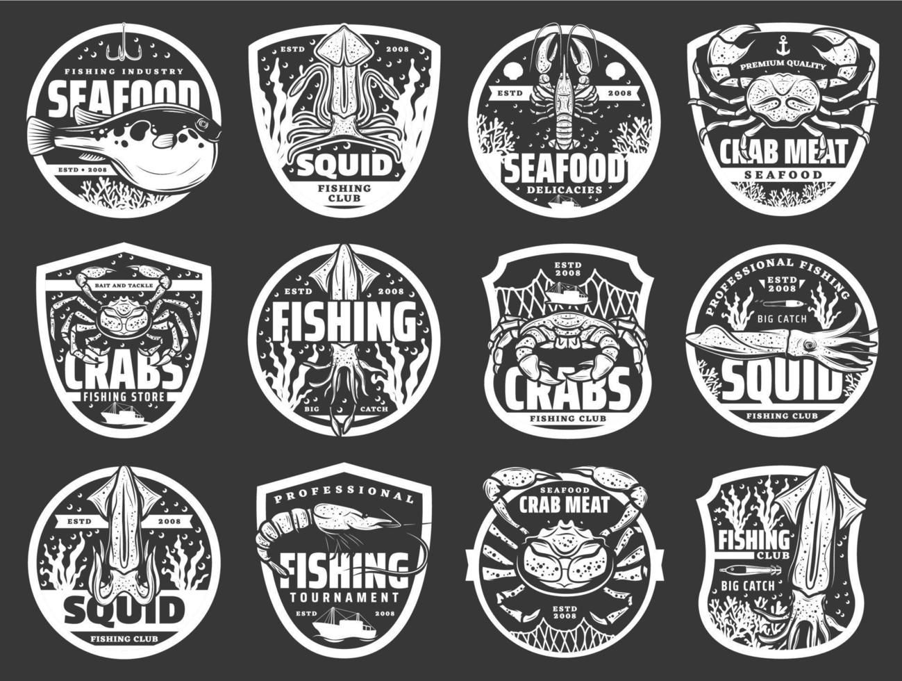 Fishing boats, fish and seafood, nets and hooks vector