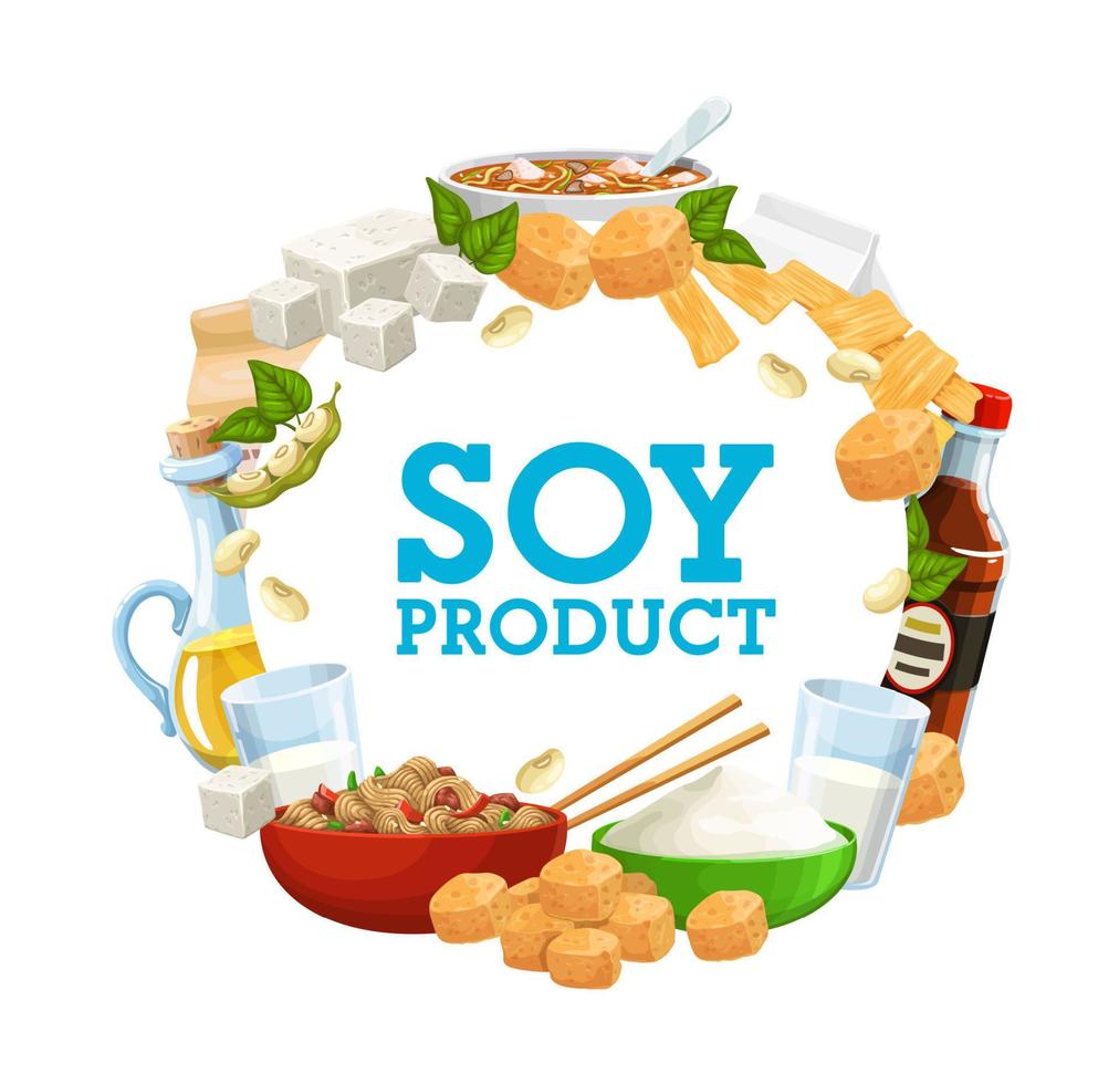 Soy food products, soybean protein vegan nutrition vector