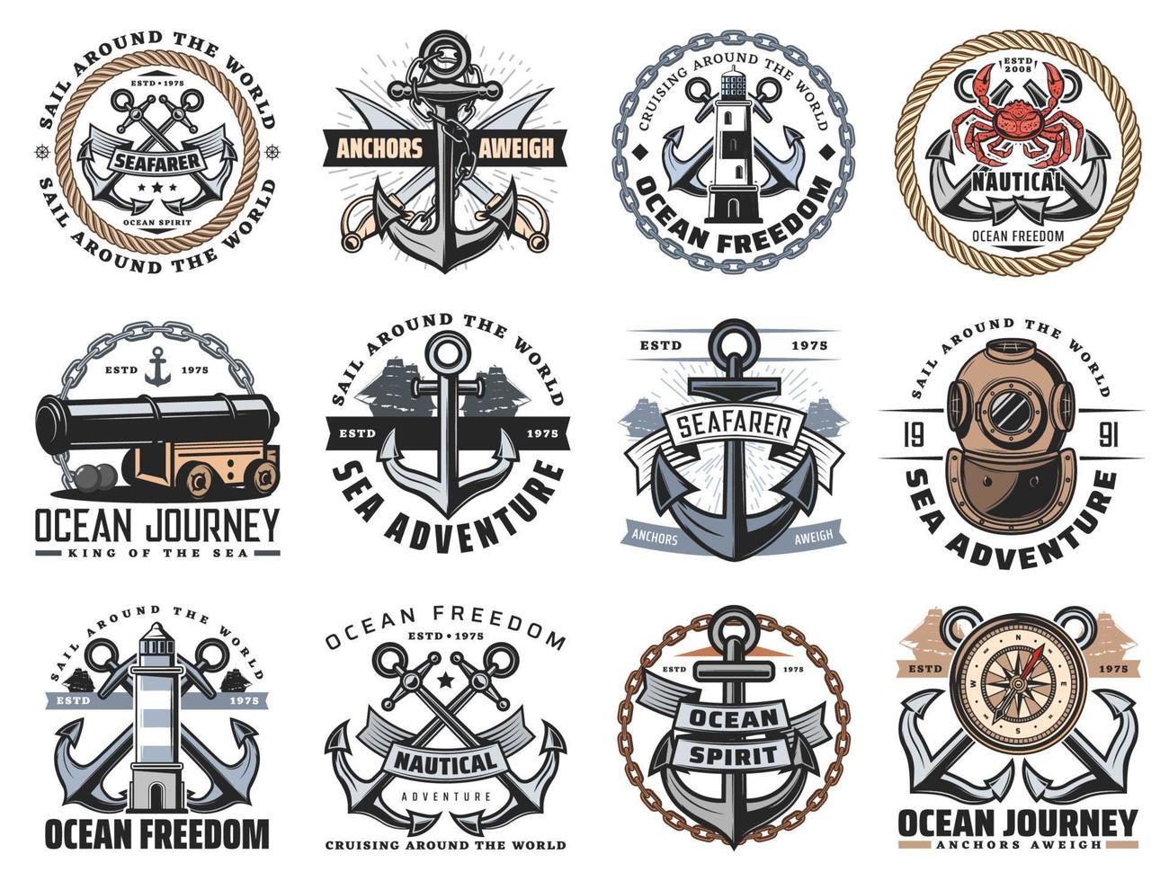 Nautical anchor, sea ship rope and chain icons vector