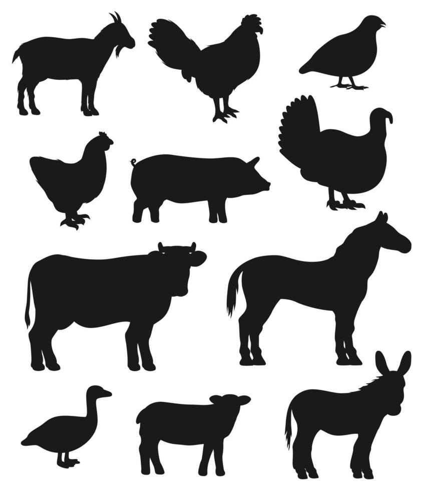 Cattle farm animals and birds silhouettes vector