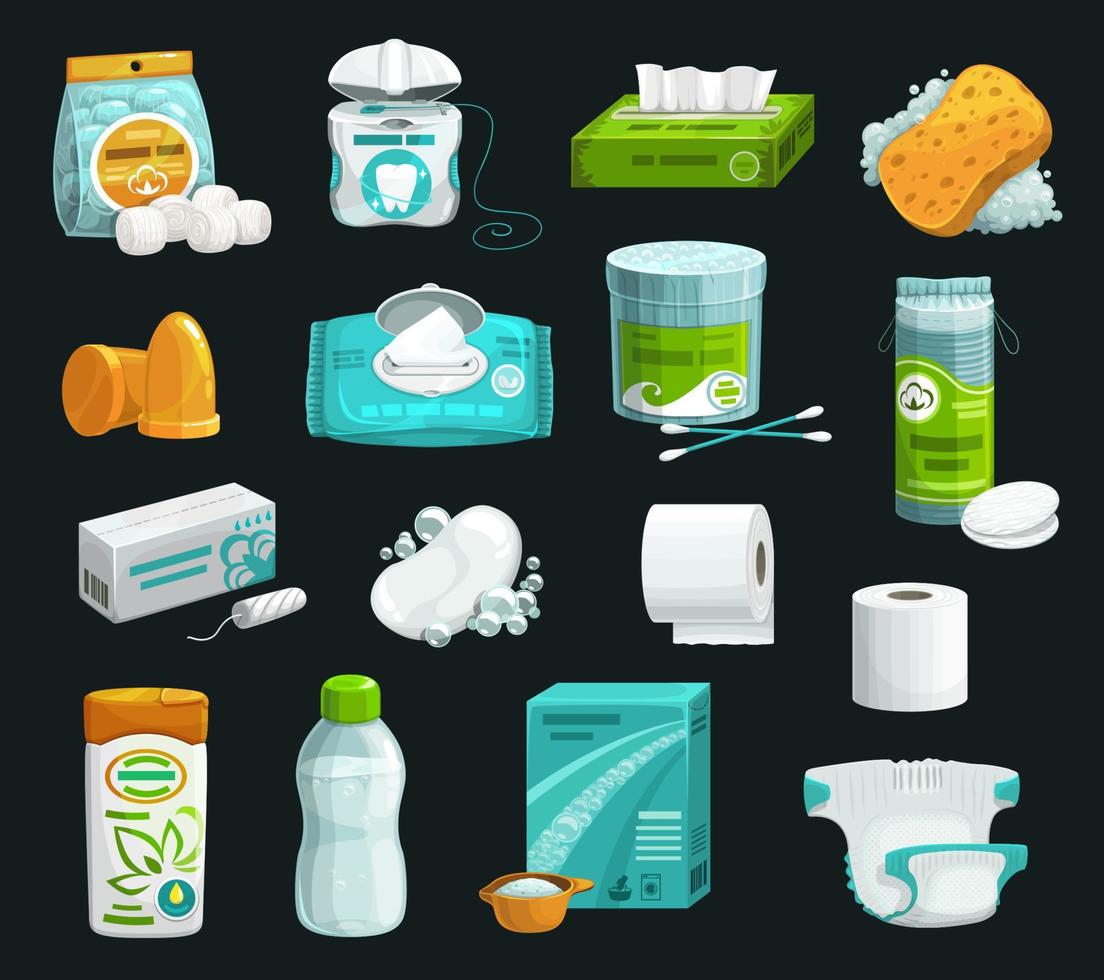 Soap, shampoo, sponge, napkin and cotton pad icon vector