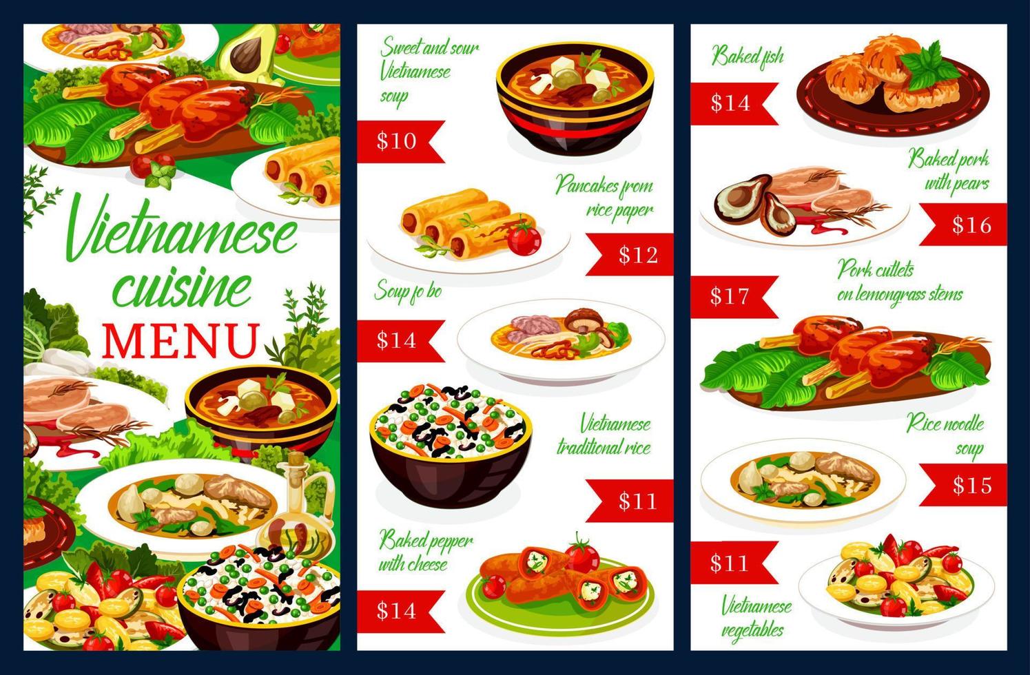 menú vietnamita de platos de carne y pescado vector