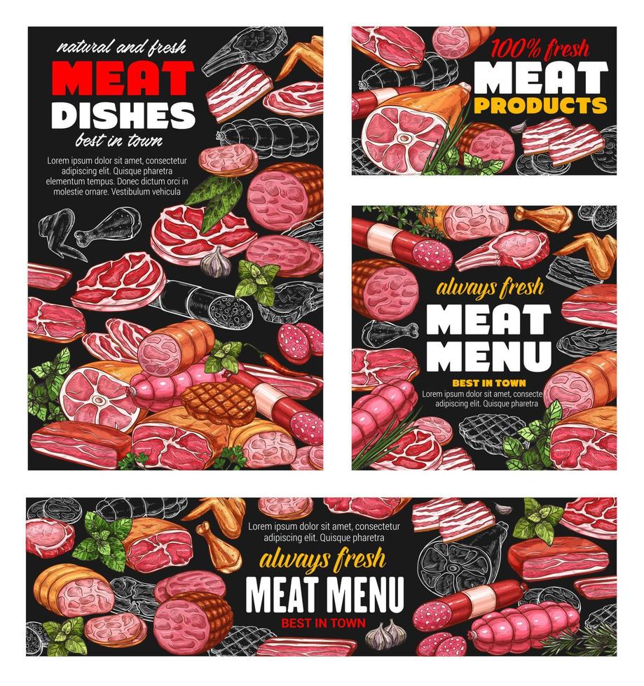 Butcher meat products, butchery sausages menu vector
