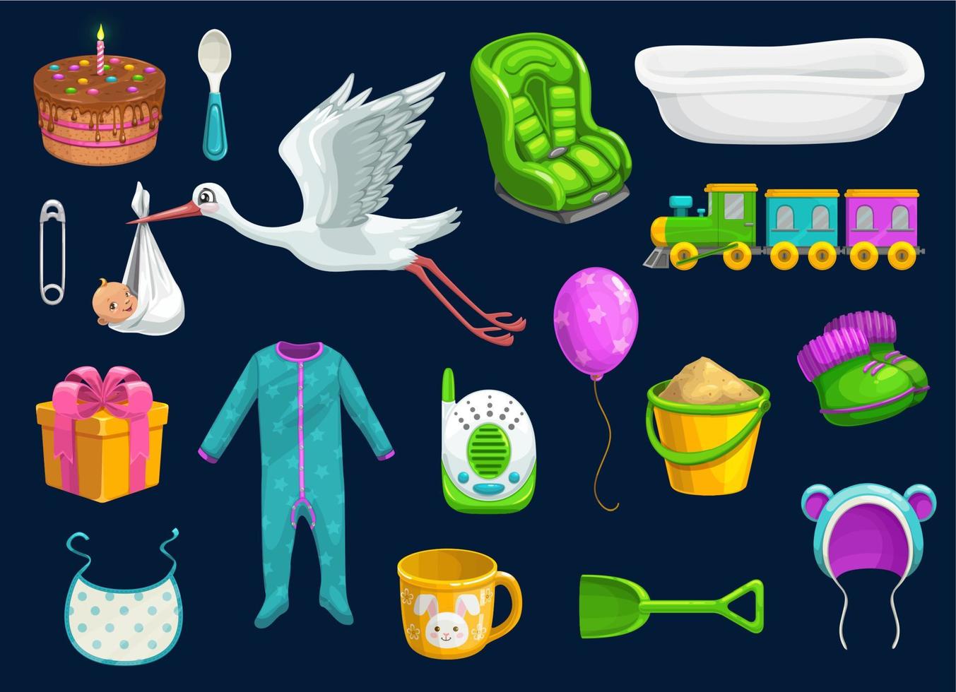 Baby item icons. Toys, cup, spoon, bib and stork vector