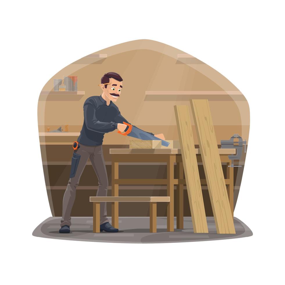 Carpenter man at work, carpentry woodwork tools vector