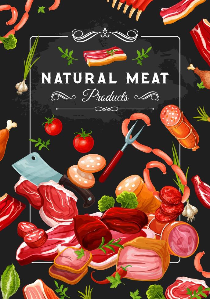 Butcher shop meat and veggies, steaks and knives vector