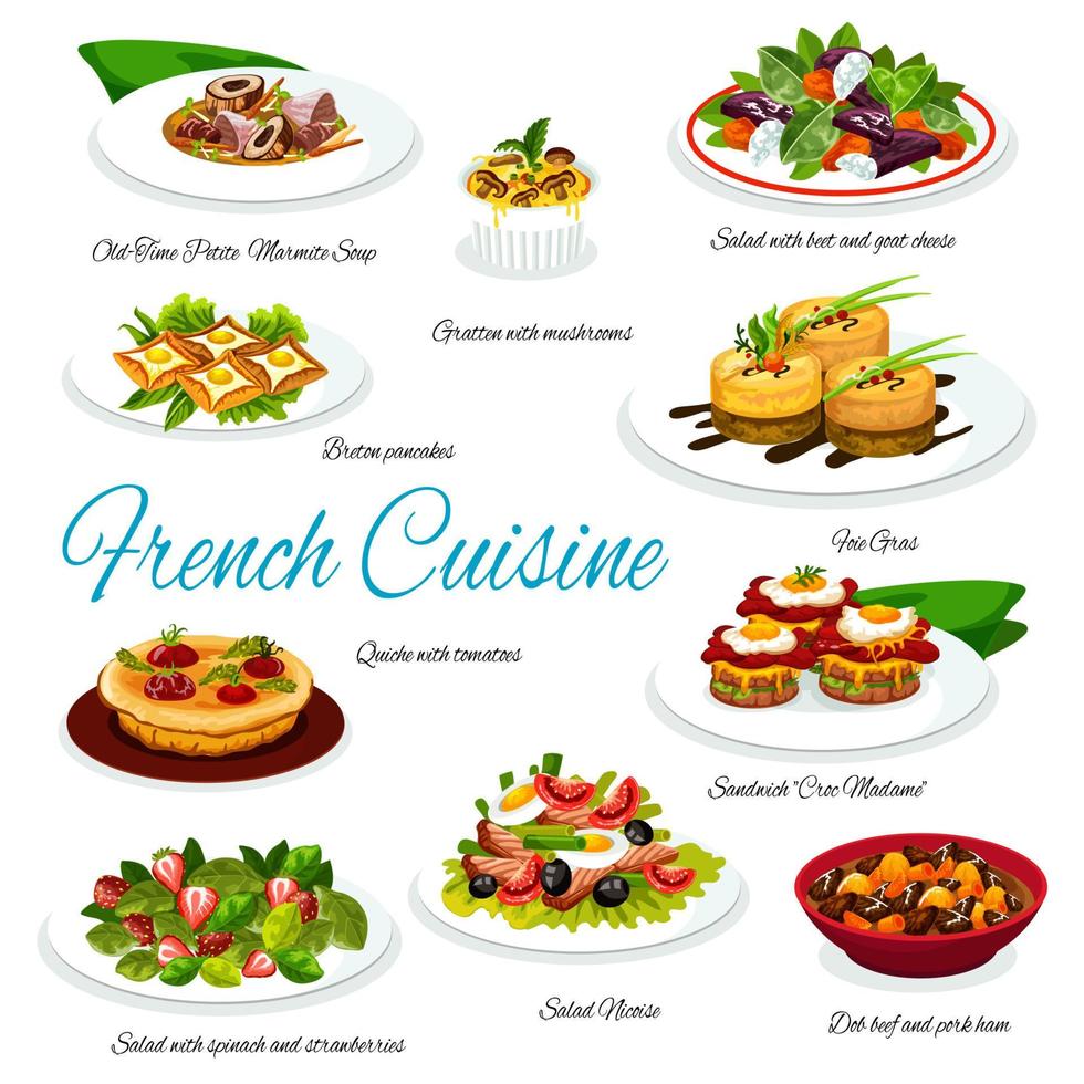 French cuisine salads, foie gras, soup and quiche vector