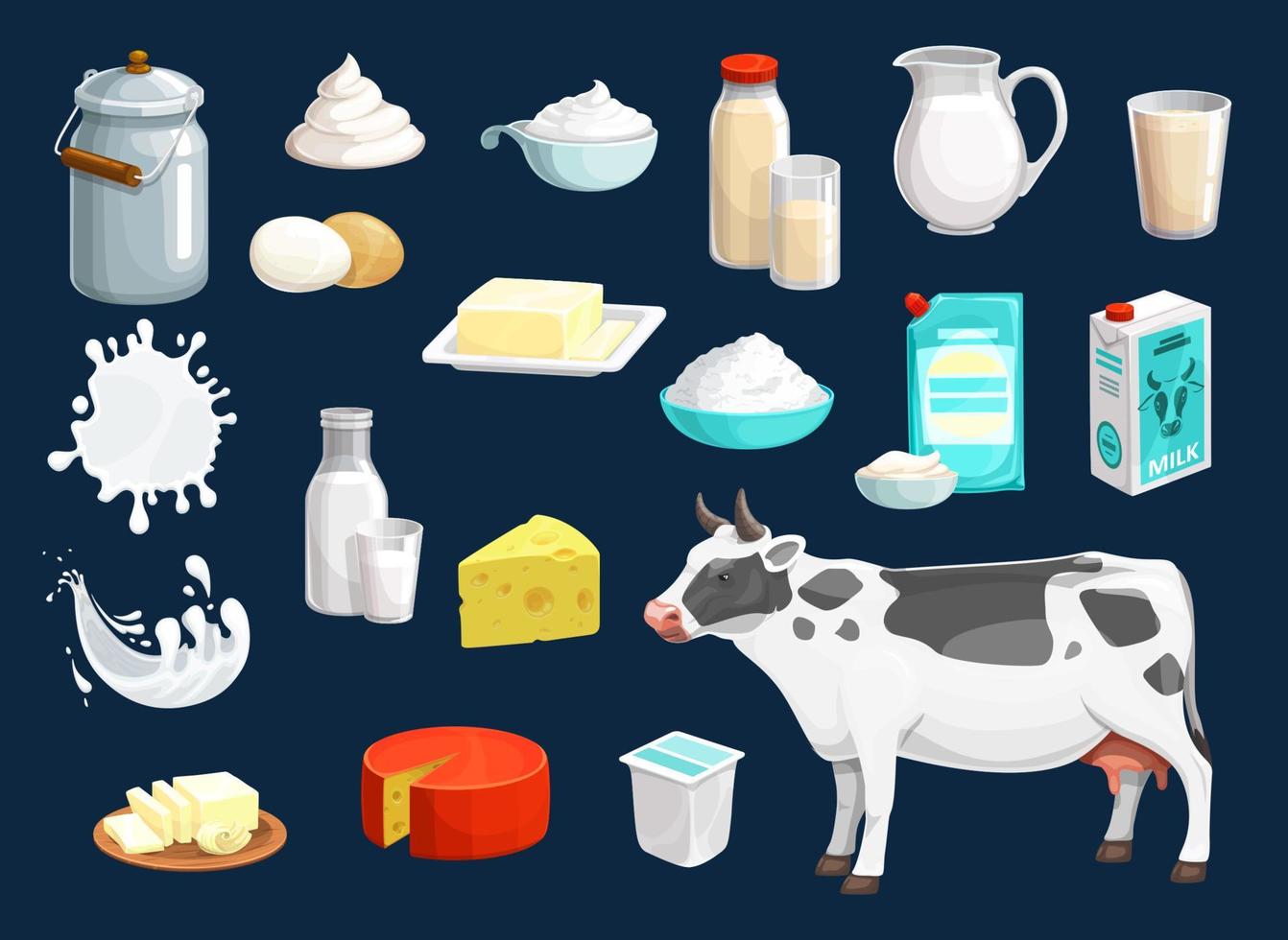 Milk, yogurt, cheese, butter, cream and cow icons vector